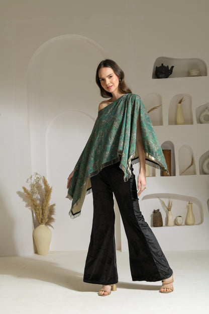 Aasira Printed Lurex Velvet Asymmetric Cape with Velvet Fit & Flared Trousers - Set of 2 ( Teal )