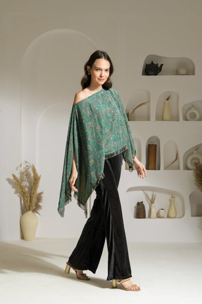 Aasira Printed Lurex Velvet Asymmetric Cape with Velvet Fit & Flared Trousers - Set of 2 ( Teal )