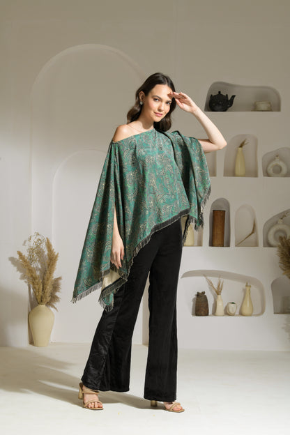 Aasira Printed Lurex Velvet Asymmetric Cape with Velvet Fit & Flared Trousers - Set of 2 ( Teal )