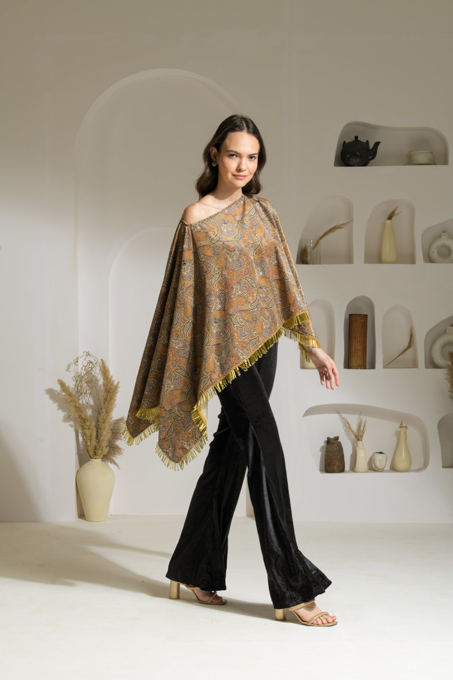 Aasira Printed Lurex Velvet Asymmetric Cape with Velvet Fit & Flared Trousers - Set of 2 ( Mustard )