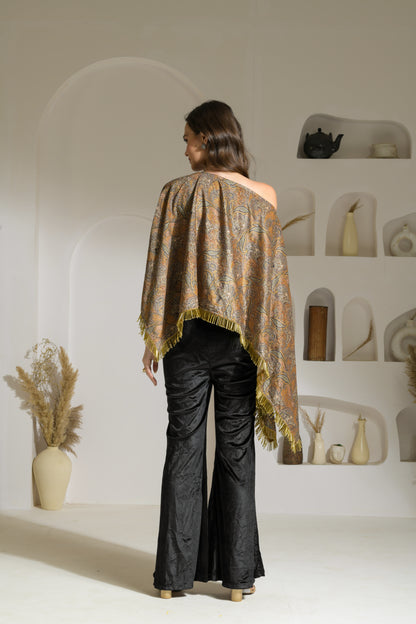 Aasira Printed Lurex Velvet Asymmetric Cape with Velvet Fit & Flared Trousers - Set of 2 ( Mustard )