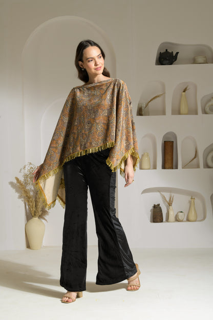 Aasira Printed Lurex Velvet Asymmetric Cape with Velvet Fit & Flared Trousers - Set of 2 ( Mustard )