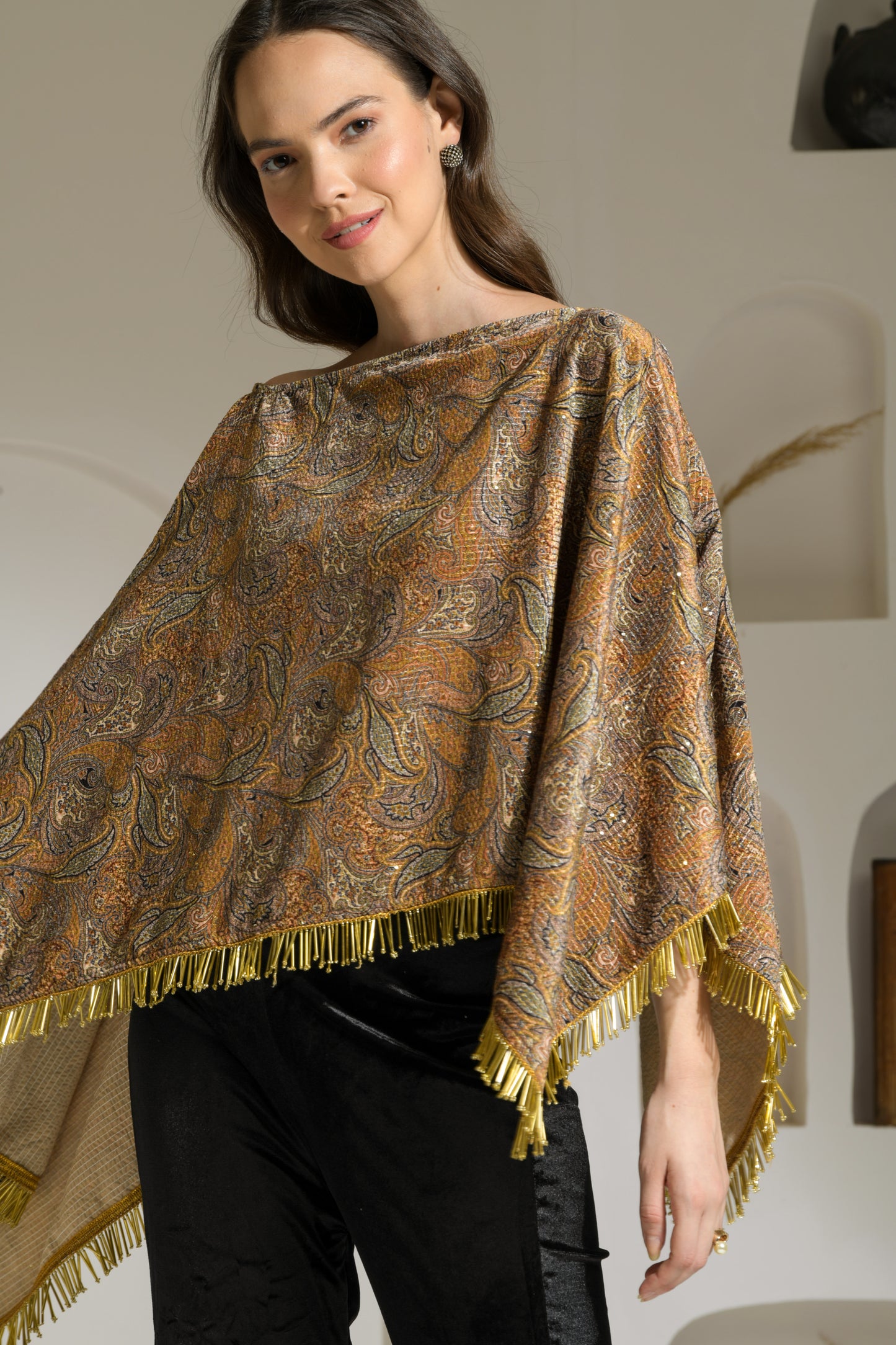 Aasira Printed Lurex Velvet Asymmetric Cape with Velvet Fit & Flared Trousers - Set of 2 ( Mustard )