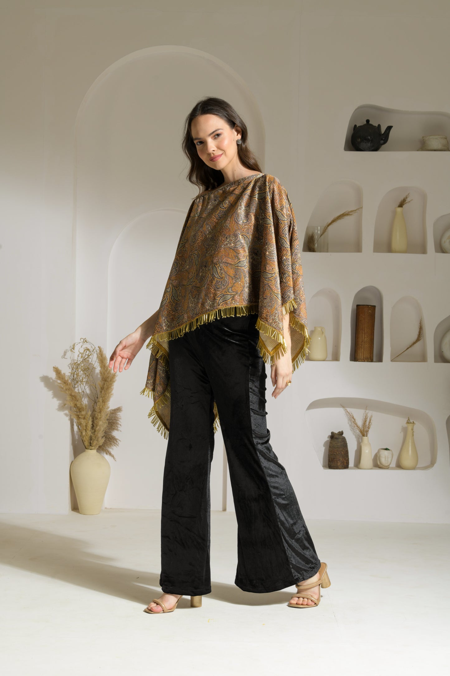 Aasira Printed Lurex Velvet Asymmetric Cape with Velvet Fit & Flared Trousers - Set of 2 ( Mustard )