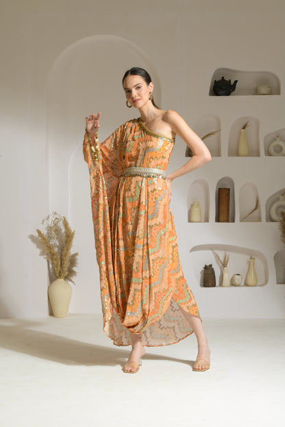 Khwaab Sequenced Bandhni one shoulder draped dress with embellished belt