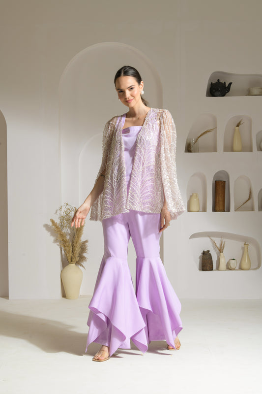 Orchid Hand Embellished Cape with Asymmetric Flared Pants & Bustier - Set of 3