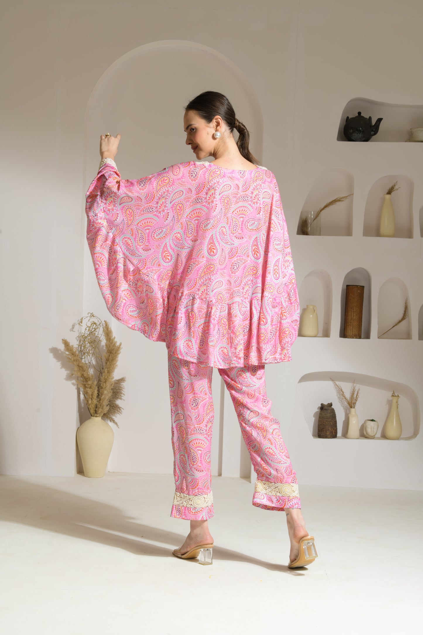 Bahaar Pink Paisley Print Poncho style top with Embroidered pearl neckline and straight fit pants - Set of 2