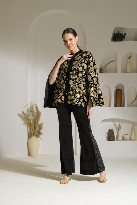 Sawera Coloured Floral Embroidered Velvet Cape with Velvet Fit & Flared Pants and Bustier - Set of 3