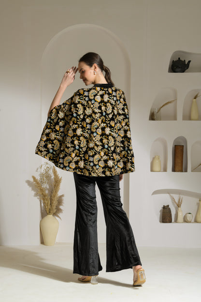 Sawera Coloured Floral Embroidered Velvet Cape with Velvet Fit & Flared Pants and Bustier - Set of 3
