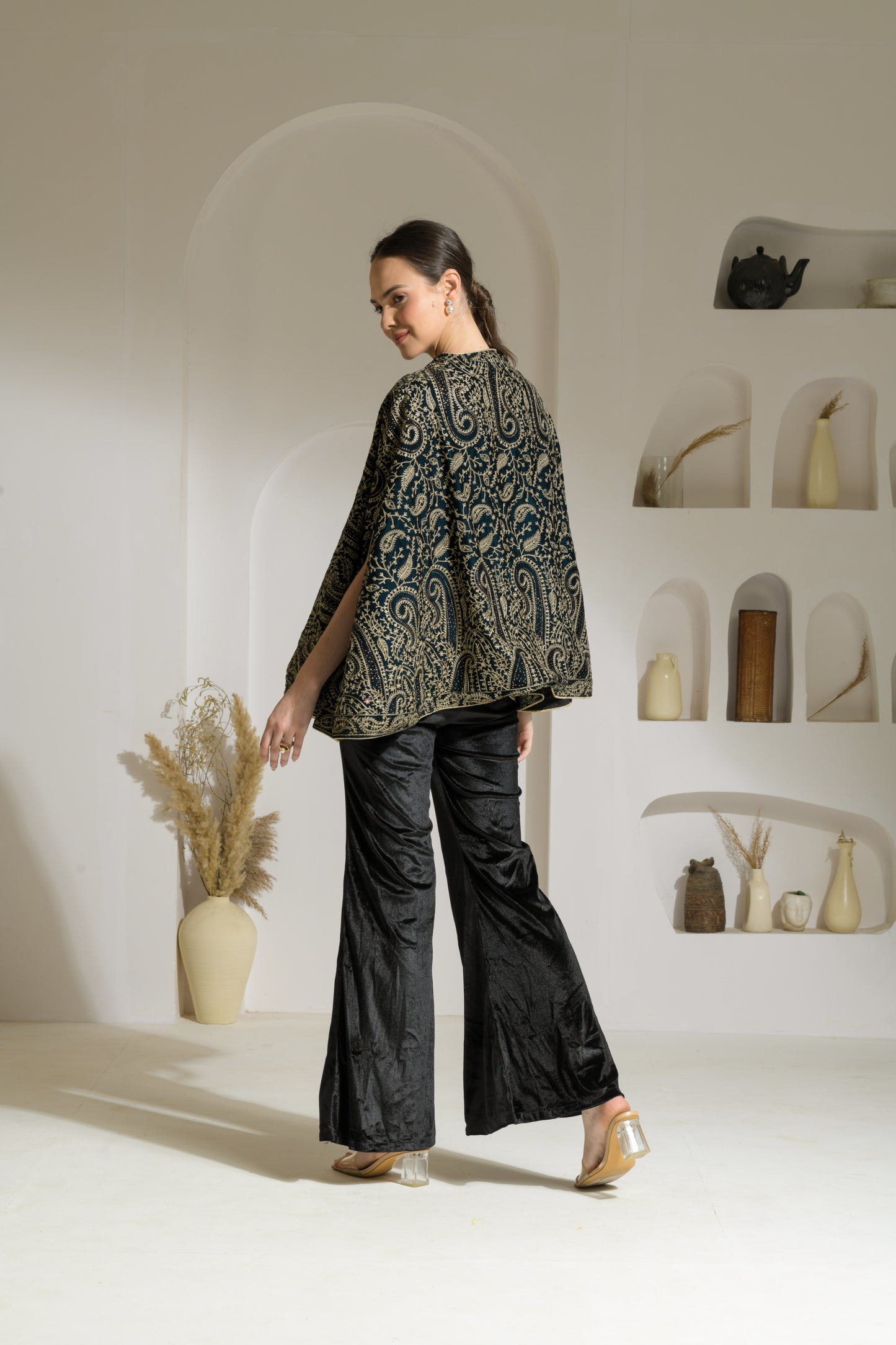 Nazam Thread-work & Swarovski Embroidered Cape with Velvet Fit & Flared Pants and Bustier - Set of 3