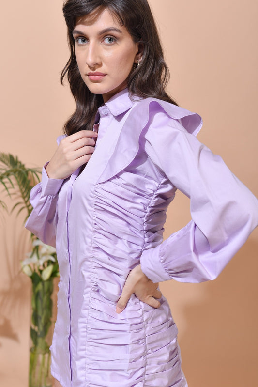 Mindy Gathered Shirt Dress - Lilac
