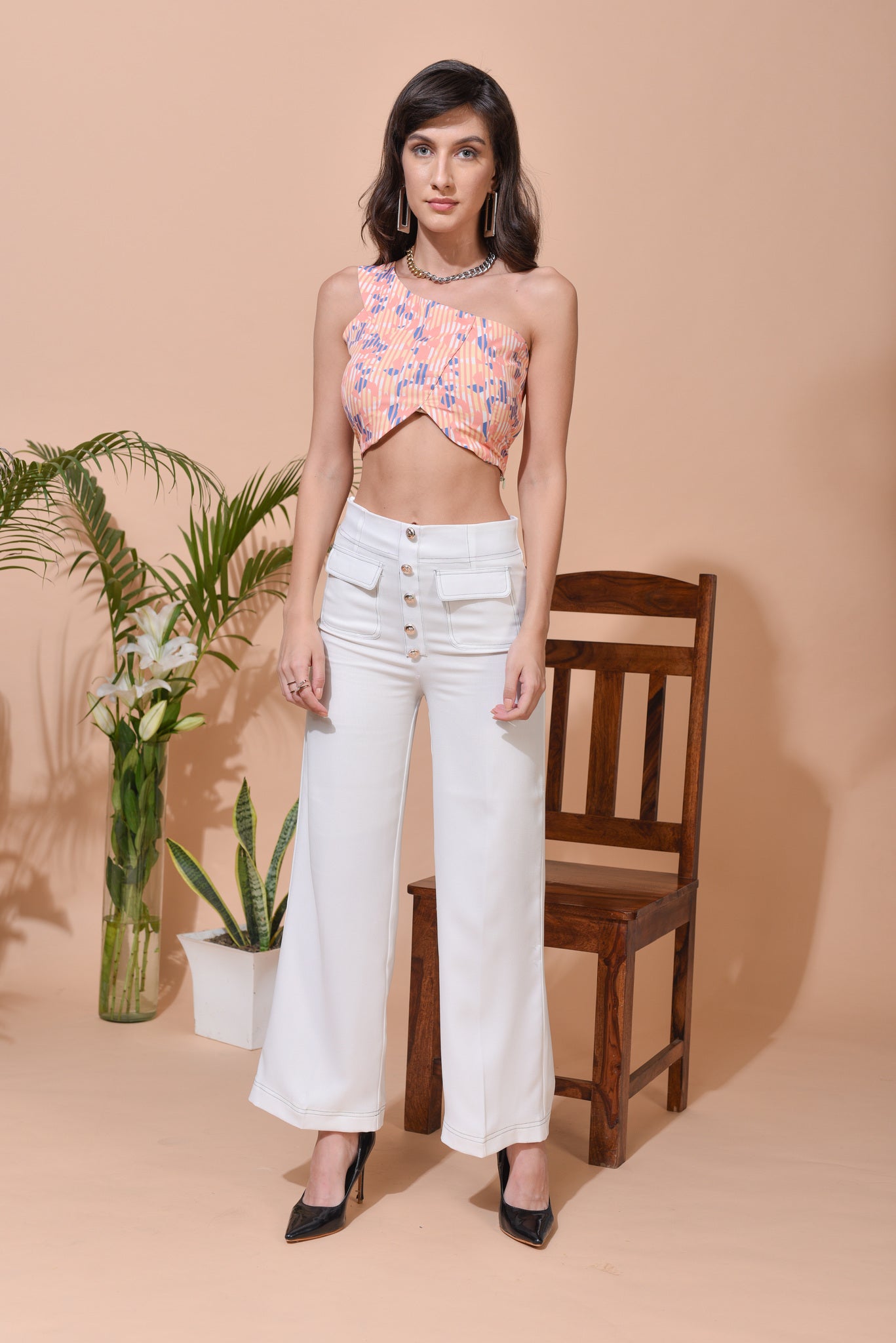 Kat in-house Print One Shoulder Crop Top with White Straight Fit Pants - Set of 2
