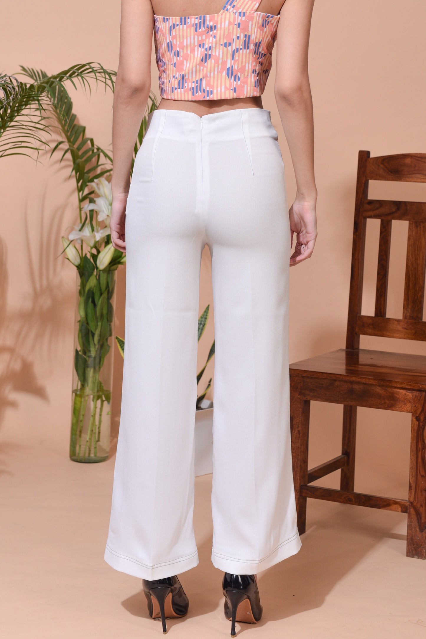 Kat White Crepe Pants with contrast Top Stitching Pants