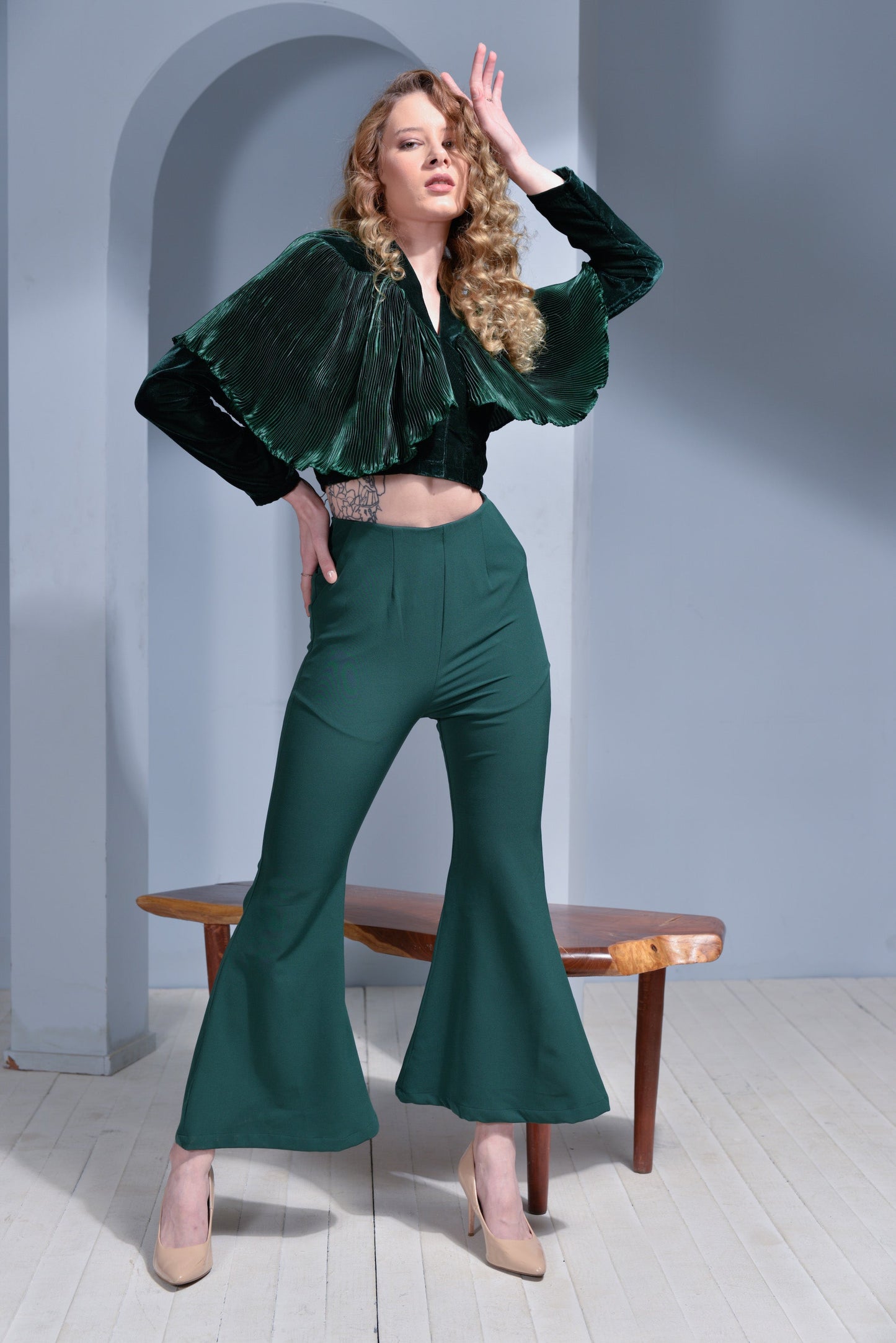 Aqua Pleated Cape on Velvet Bodice Top - Deep Red