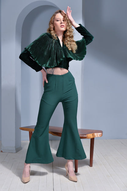 Aqua Pleated Cape on Velvet Bodice Top - Deep Red