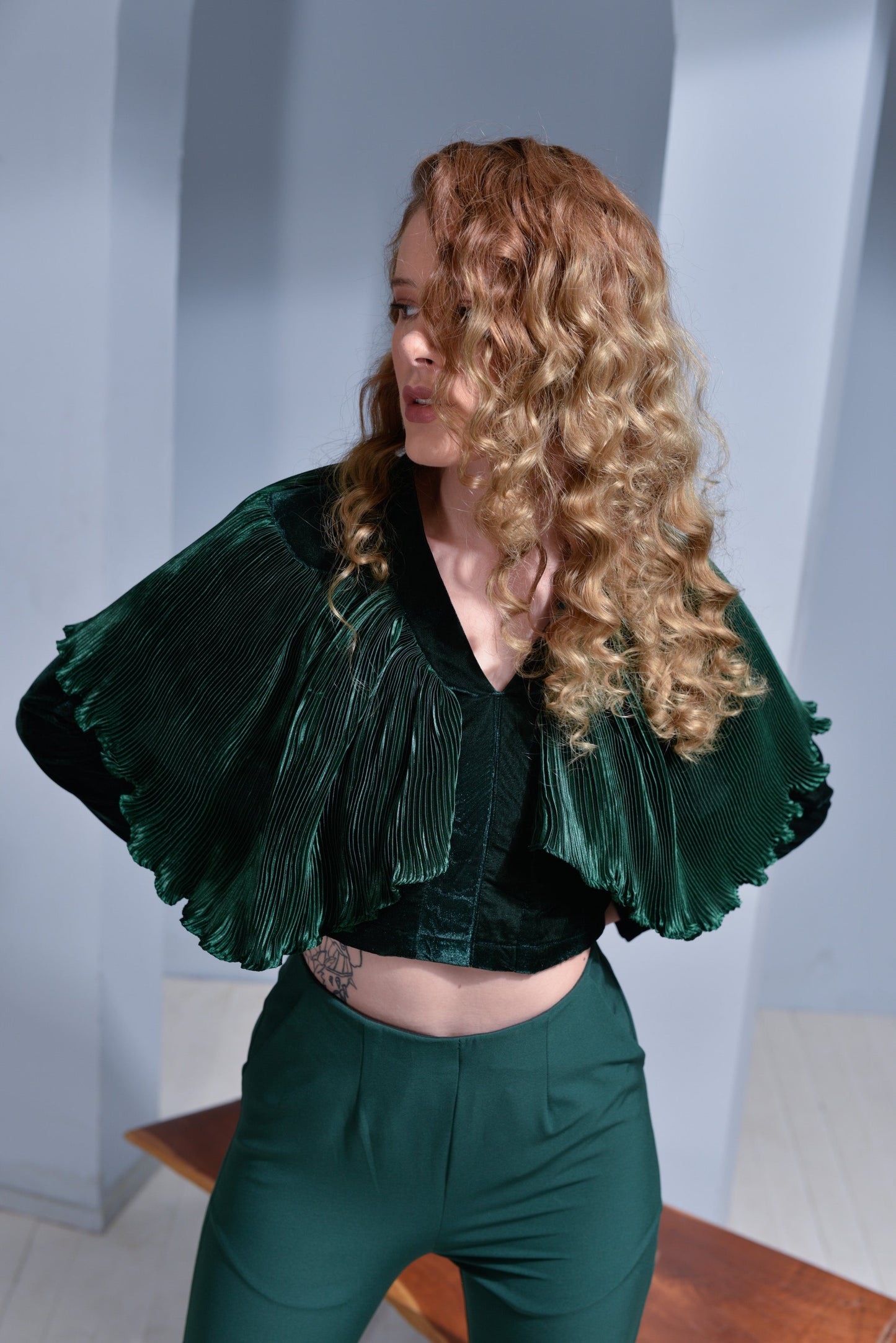 Aqua Pleated Cape on Velvet Bodice Top - Black
