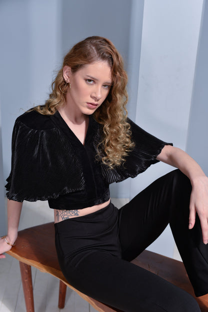 Aqua Pleated Cape on Velvet Bodice Top - Deep Red