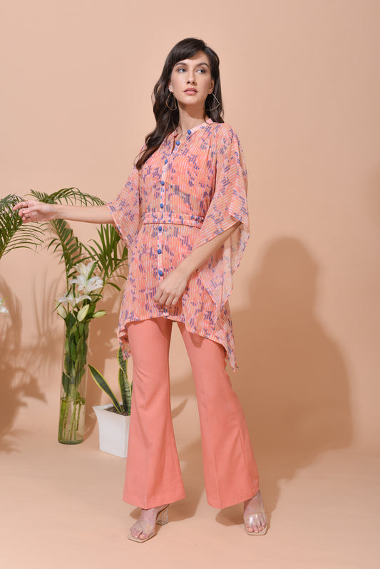 Eleanor in-house Print Georgette Kaftan with Belt and Crepe Crop Top and Flared Pants - Set of 3