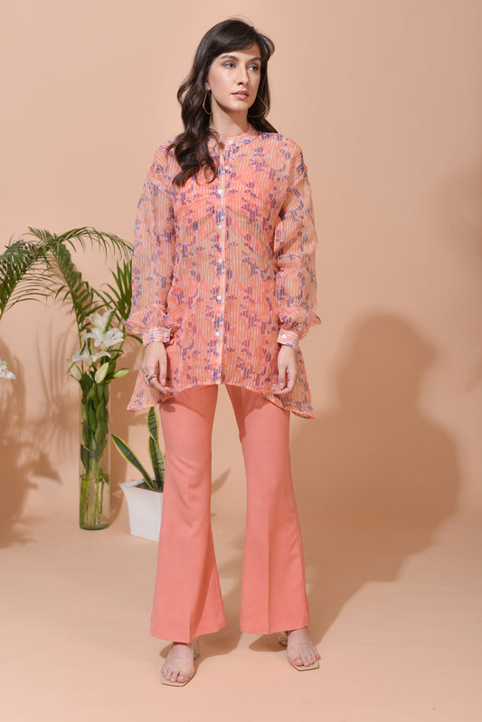 Eleanor in-house Print Organza Asymmetric Long Shirt and Crepe Crop Top and Flared Pants - Set of 3