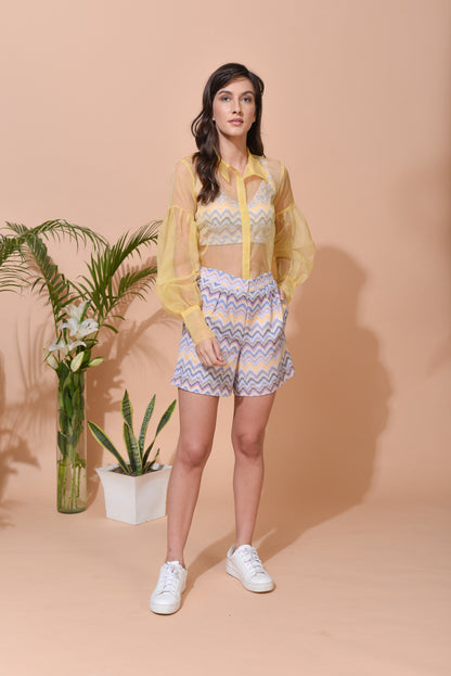 Aria in-house Print Crop Top & Shorts with Organza Shirt - Set of 3