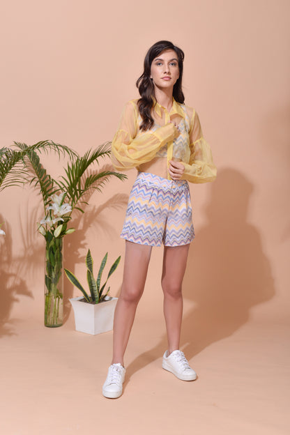 Aria in-house Print Crop Top & Shorts with Organza Shirt - Set of 3