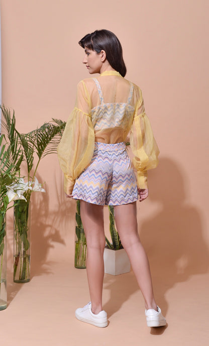 Aria in-house Print Crop Top & Shorts with Organza Shirt - Set of 3