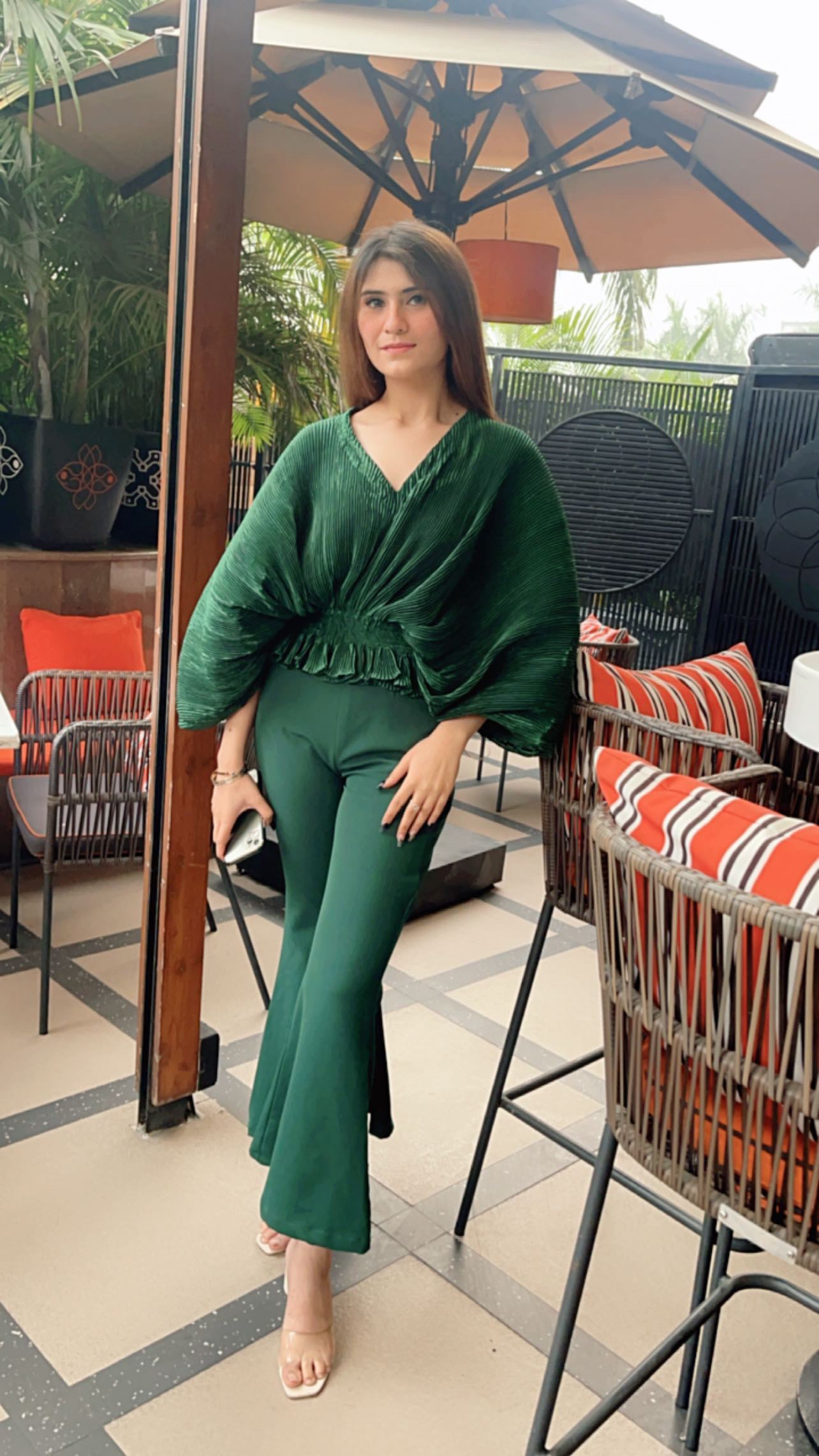 Bellini Pleated Satin smocked waist Top with Flared Pants - Set of 2 ( Bottle Green )
