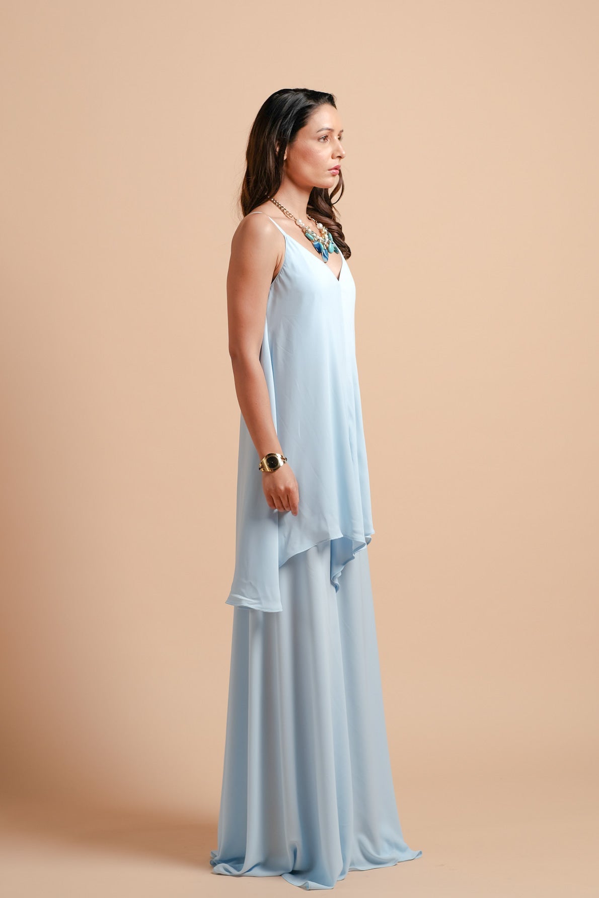 Aster Georgette High-low Panel Jumpsuit ( Blue )