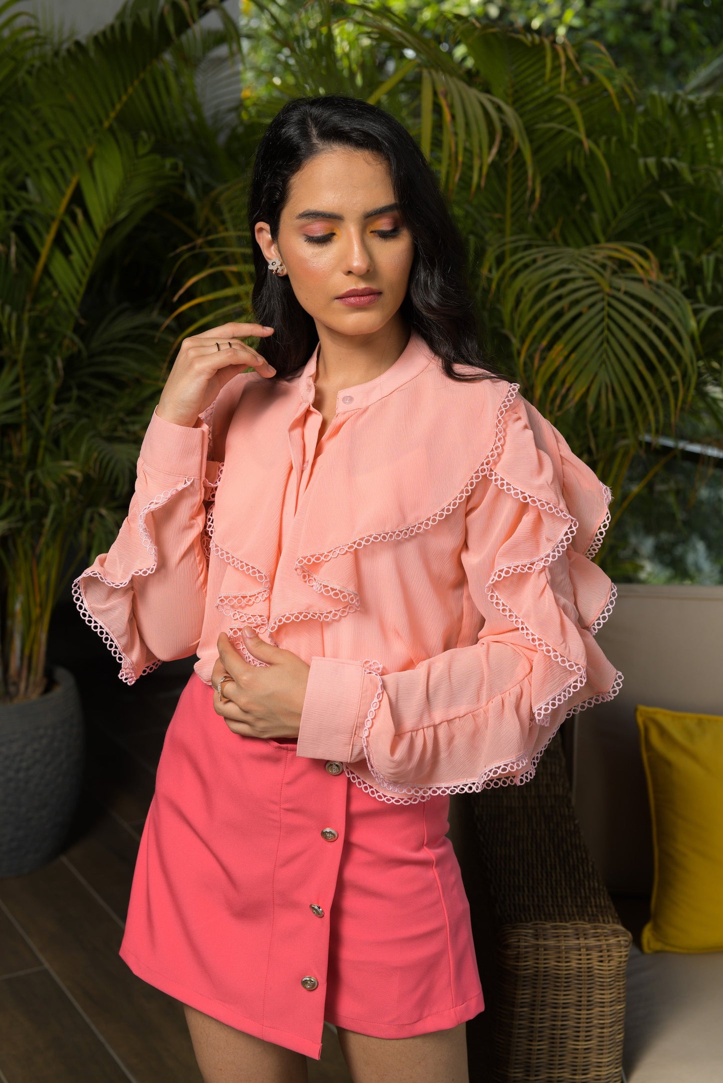 Love-spell Textured Georgette Ruﬄe Shirt with Trims ( Soft Peach )