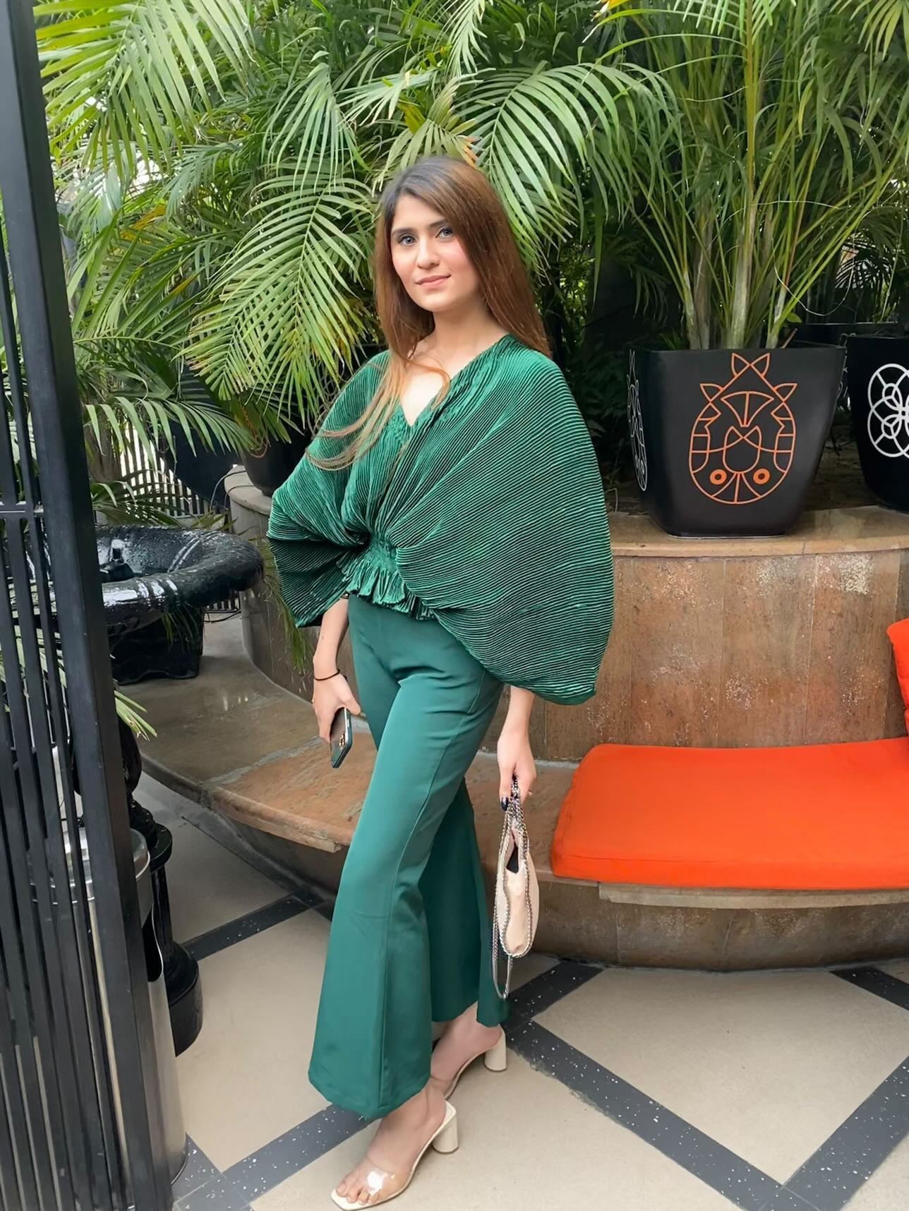 Bellini Pleated Satin smocked waist Top with Flared Pants - Set of 2 ( Bottle Green )