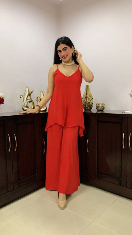Aster Georgette High-low Panel Jumpsuit ( Red )