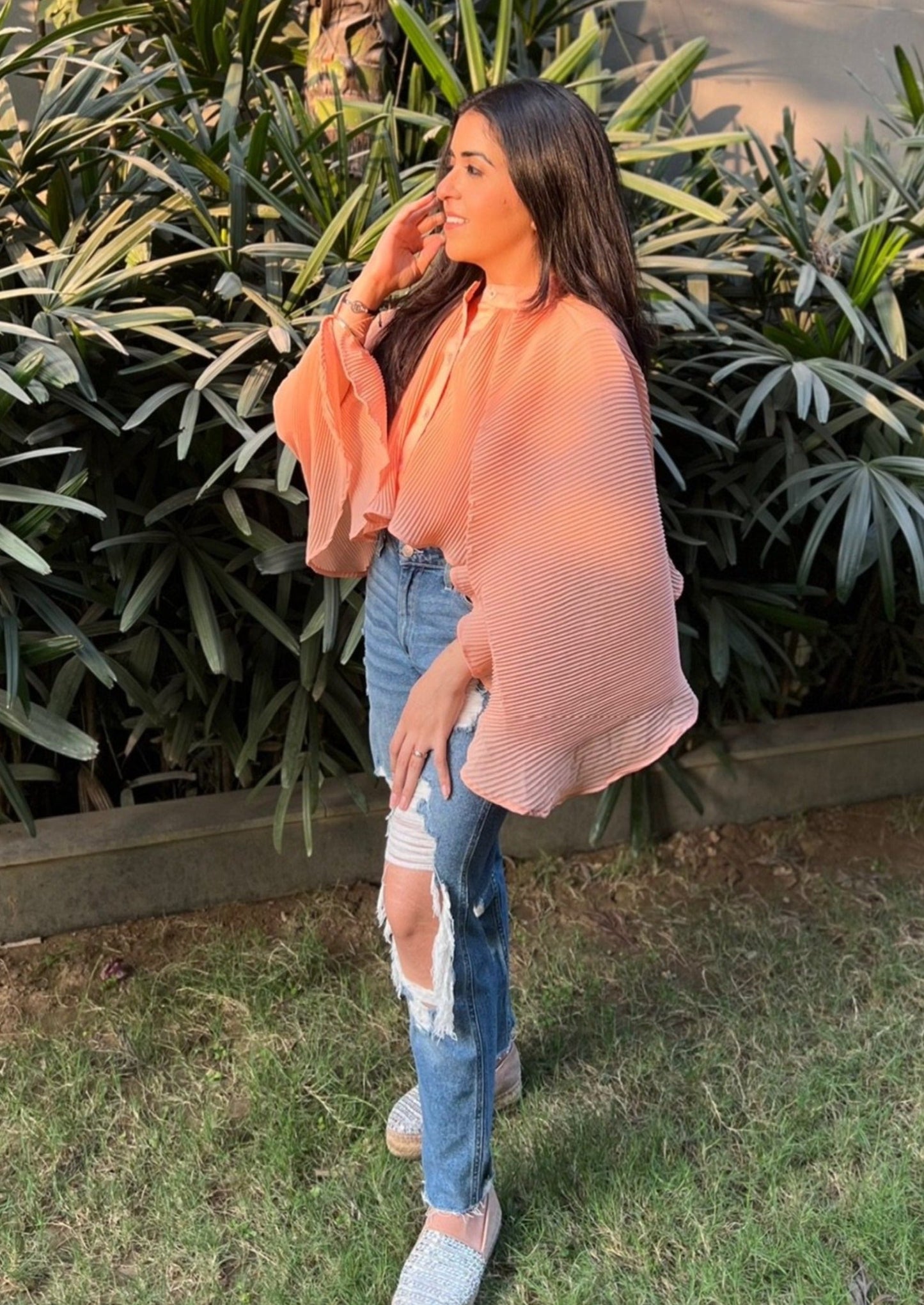 Manhattan Pleated Georgette Cape Shirt - Peach