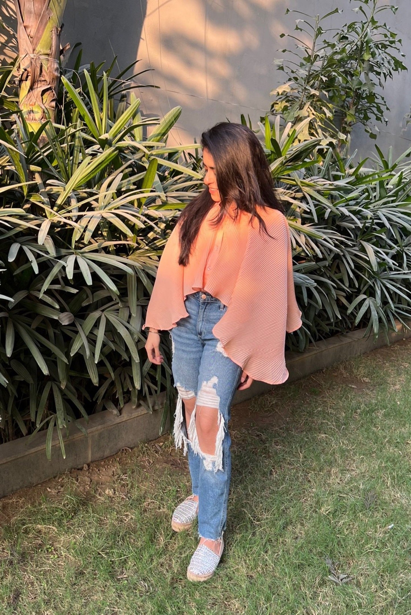 Manhattan Pleated Georgette Cape Shirt - Peach