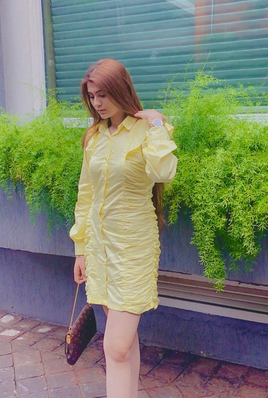 Mindy Gathered Shirt Dress - Yellow