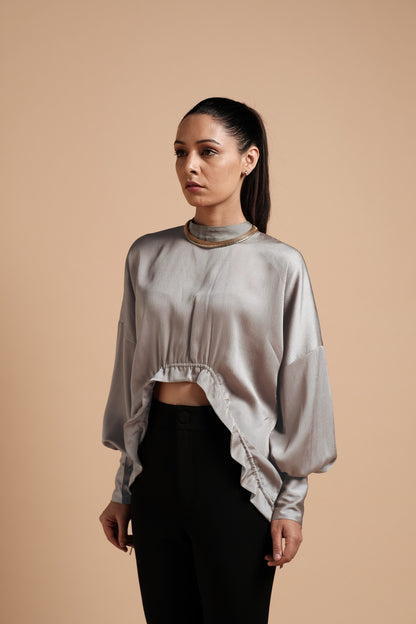 Quince Textured Satin Gathered Top ( Silver )