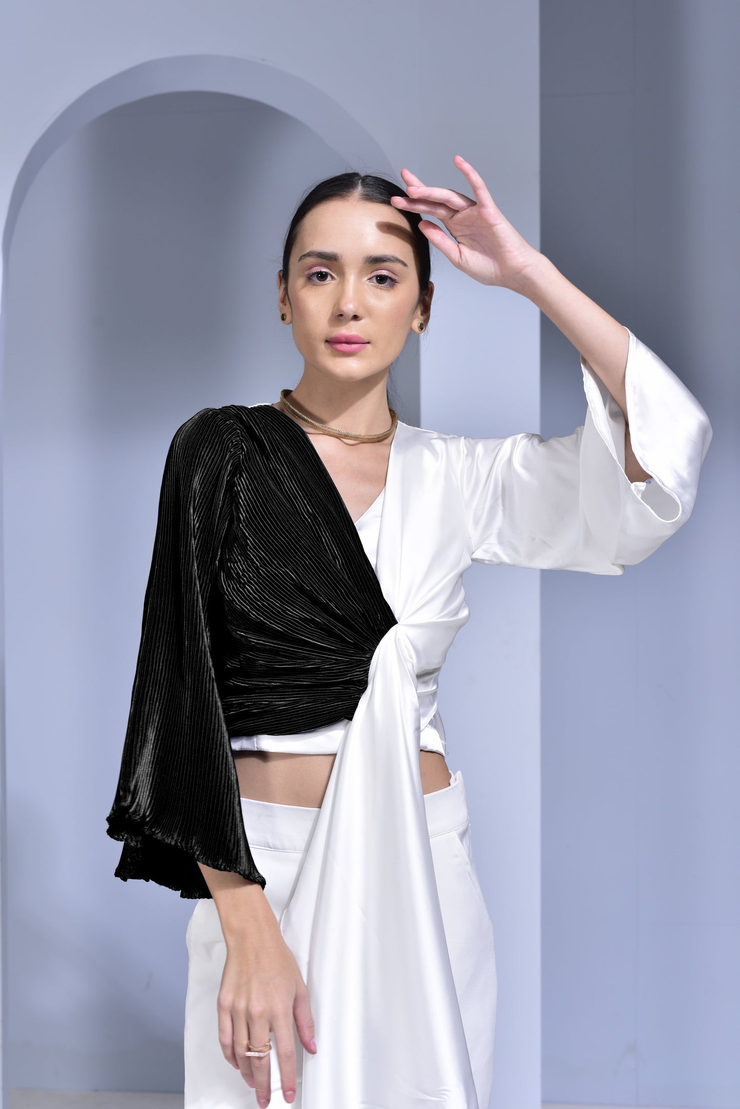 Blue Lagoon Half & Half Draped Top - White & Blue