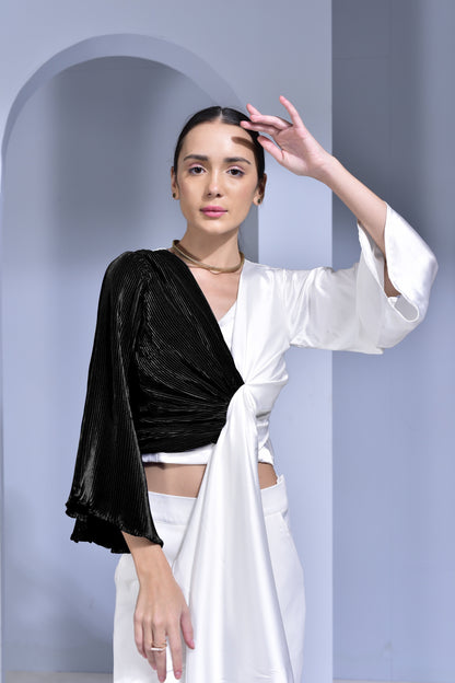 Blue Lagoon Half & Half Draped Top - White & Blue