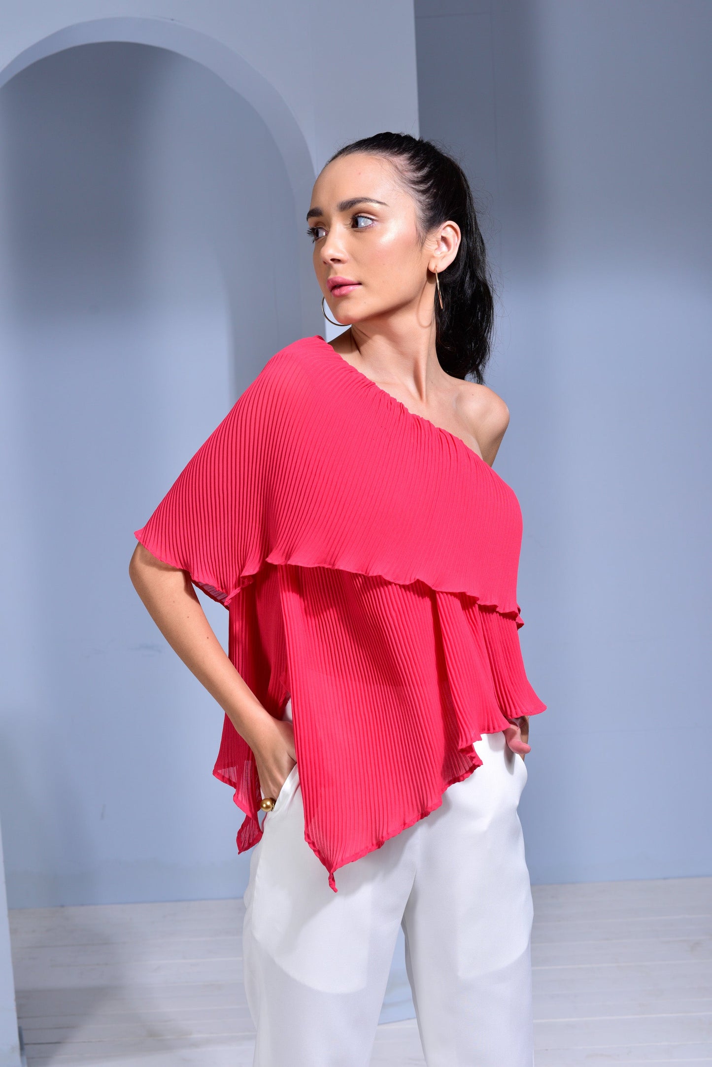 Rosé Pleated Georgette Asymmetric Top - Teal