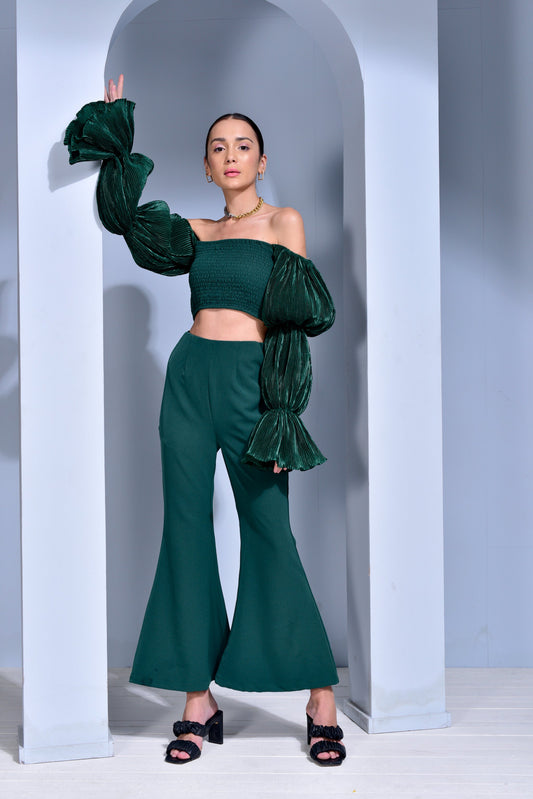 Mimosa Pleated Voluminous Puﬀ Sleeve Top with Flared Trousers - Set of 2 ( Bottle Green )