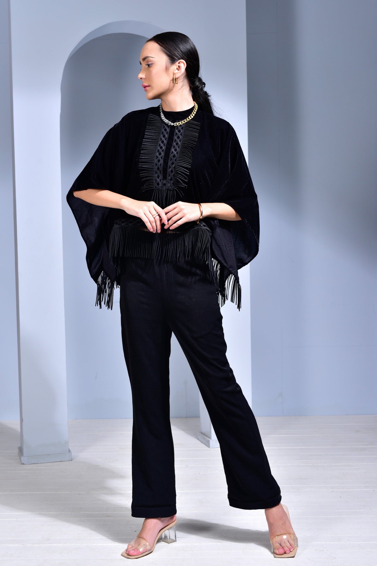 Velvet Cape with Fringes - Black