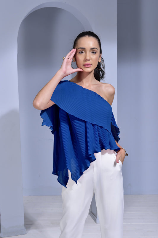 Rosé Pleated Georgette Asymmetric Top - Blue