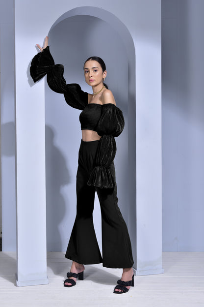 Mimosa Pleated Voluminous Puﬀ Sleeve Top with Flared Trousers- Set of 2