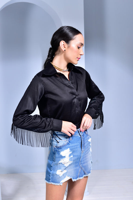 Siesta Relaxed Fit Shirt with Fringes - Black