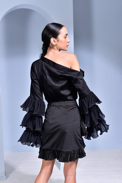 Hot Toddy Asymmetric Collar Top with Pleated Layered Ruﬄe Sleeves and Lycra Satin Pleated Skirt - Set of 2