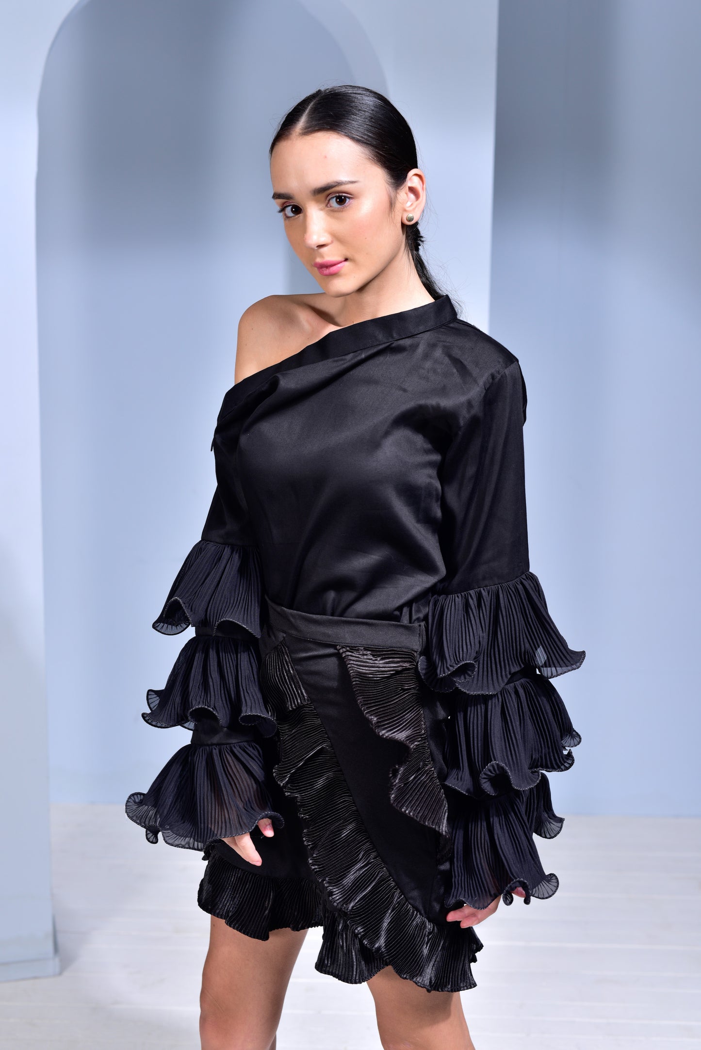 Hot Toddy Asymmetric Collar Top with Pleated Layered Ruﬄe Sleeves and Lycra Satin Pleated Skirt - Set of 2