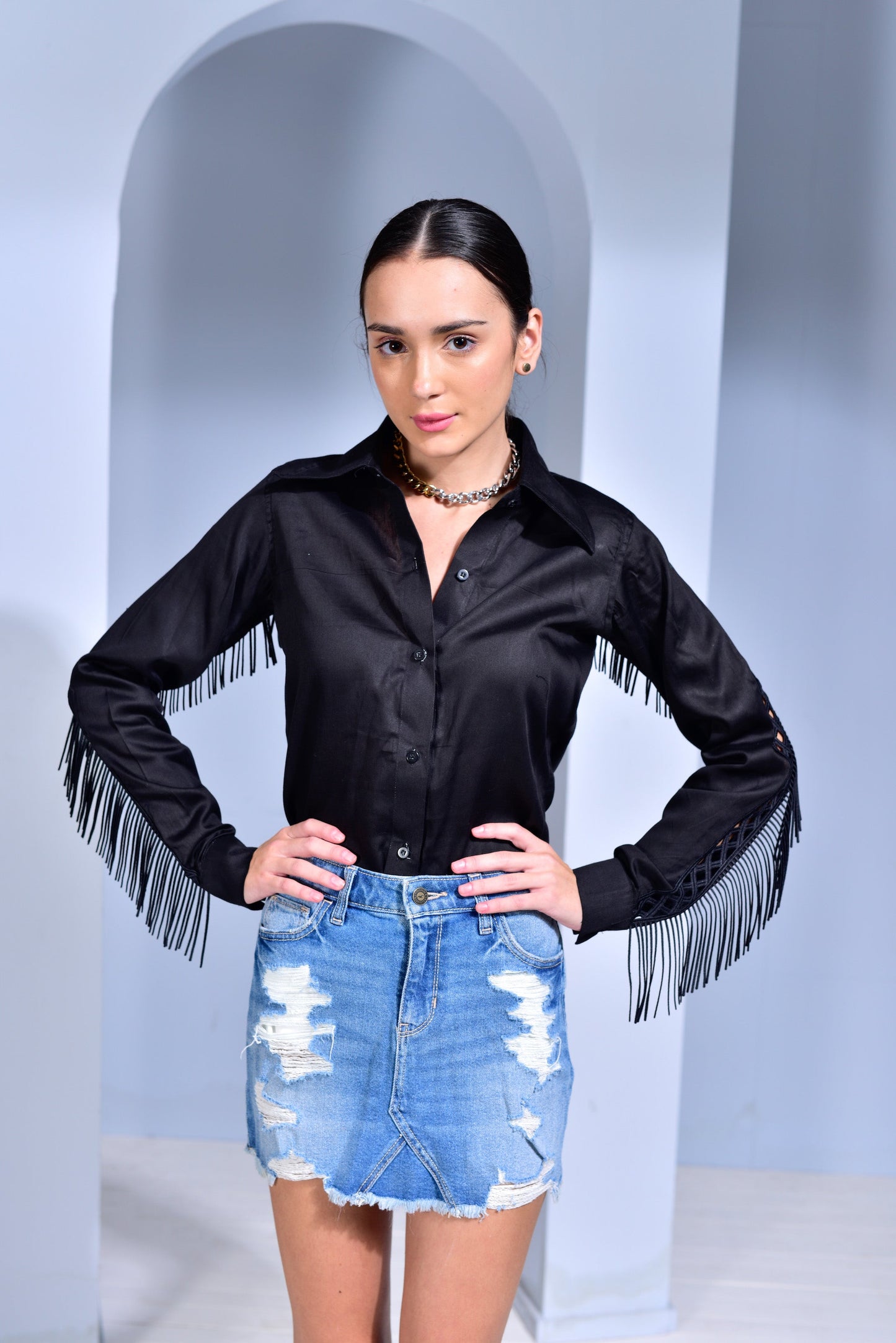 Siesta Relaxed Fit Shirt with Fringes - Black