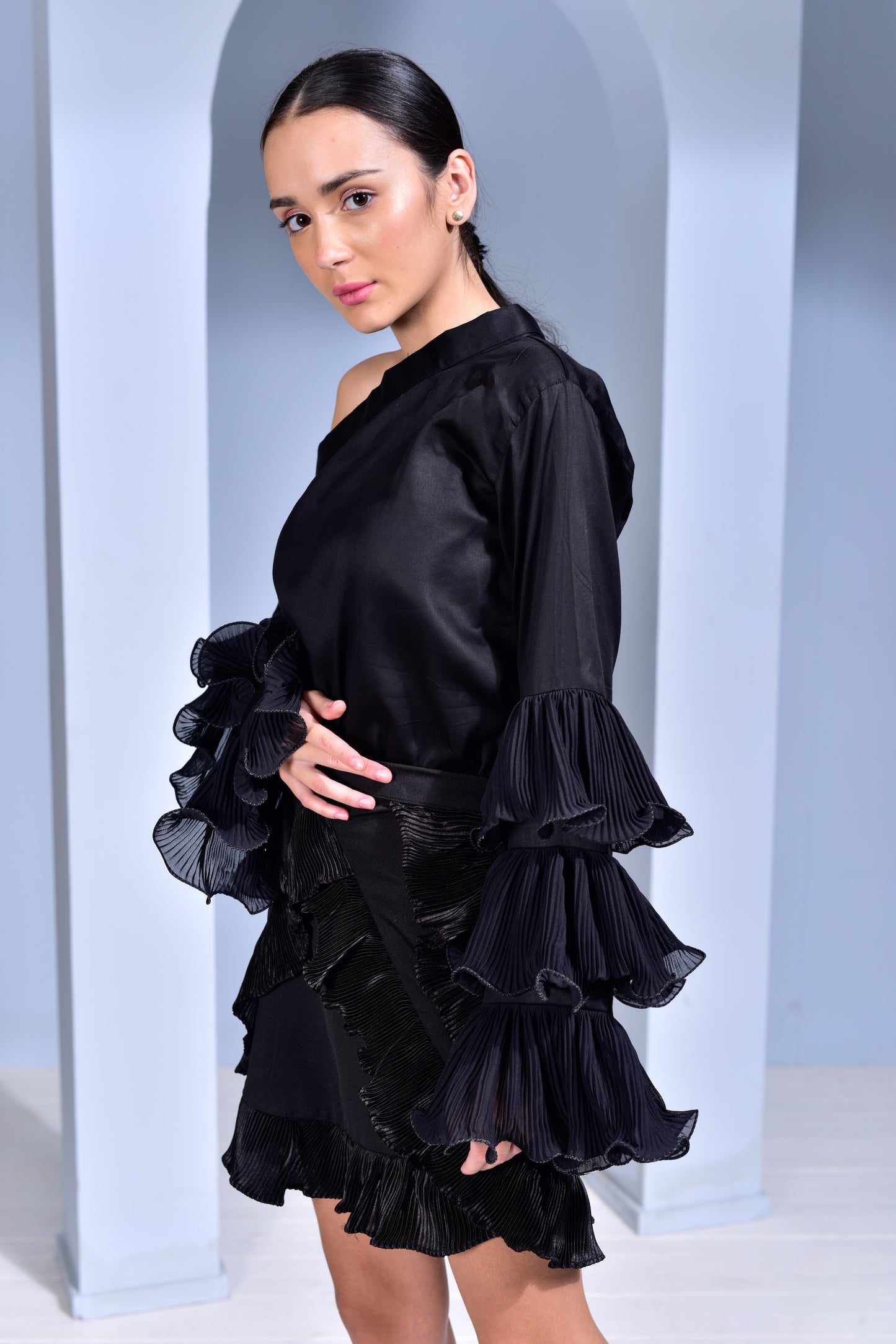 Hot Toddy Asymmetric Collar Top with Pleated Layered Ruﬄe Sleeves and Lycra Satin Pleated Skirt - Set of 2