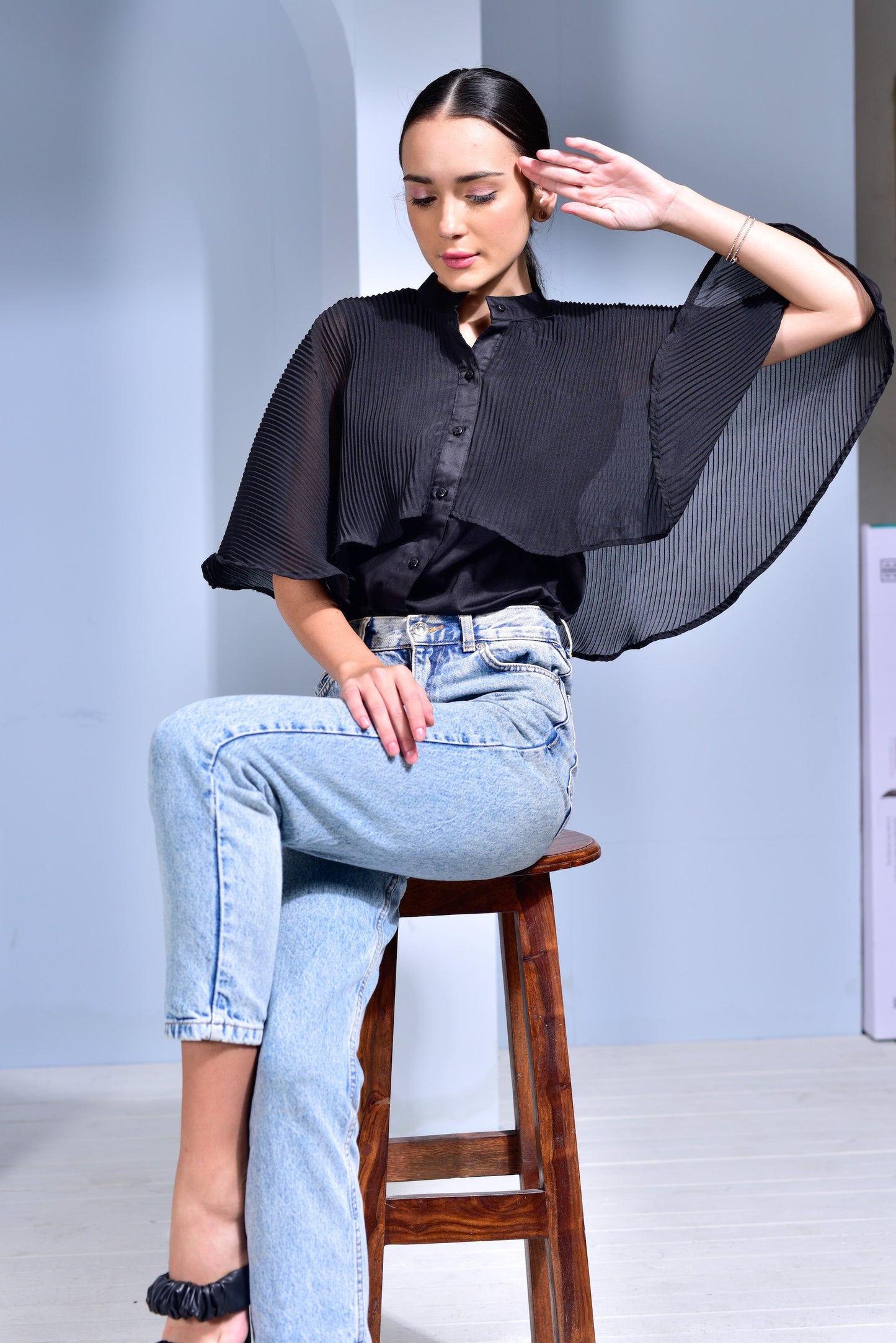 Manhattan Pleated Georgette Cape Shirt - Peach