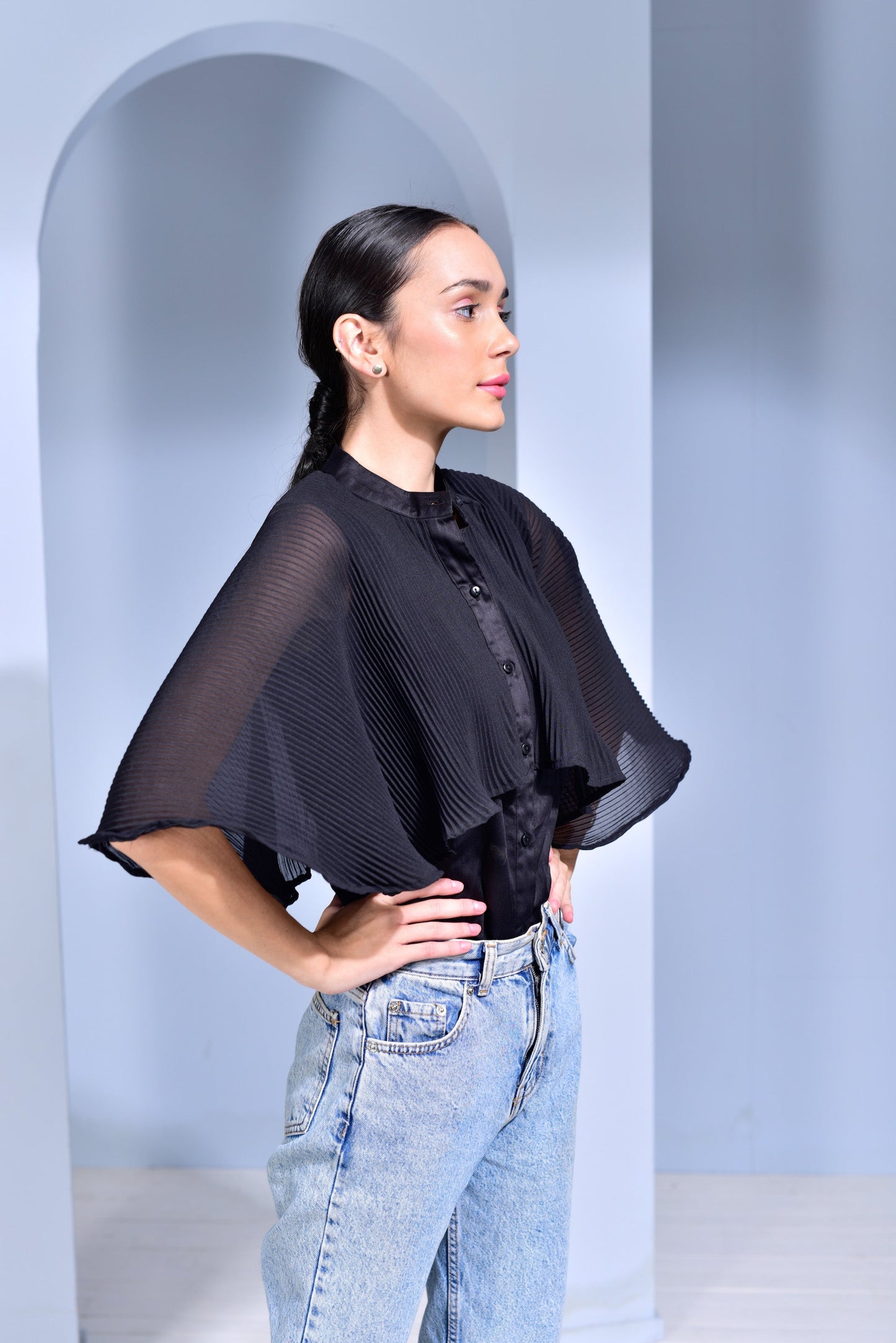 Manhattan Pleated Georgette Cape Shirt - Peach