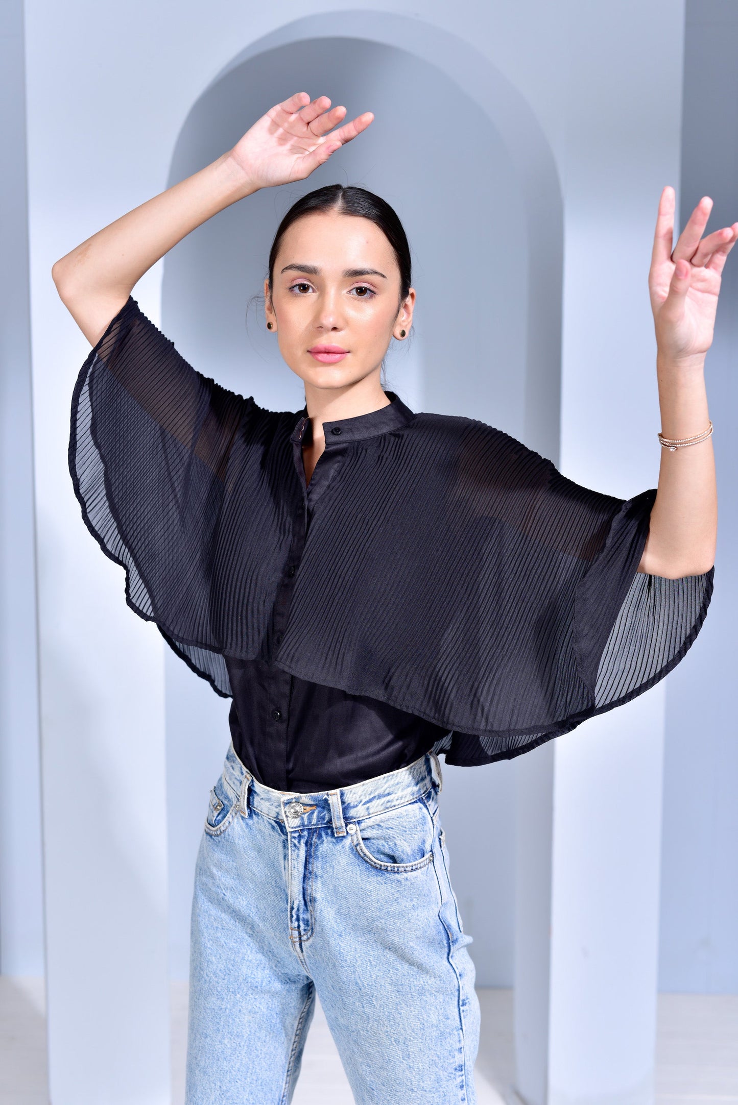 Manhattan Pleated Georgette Cape Shirt - Peach